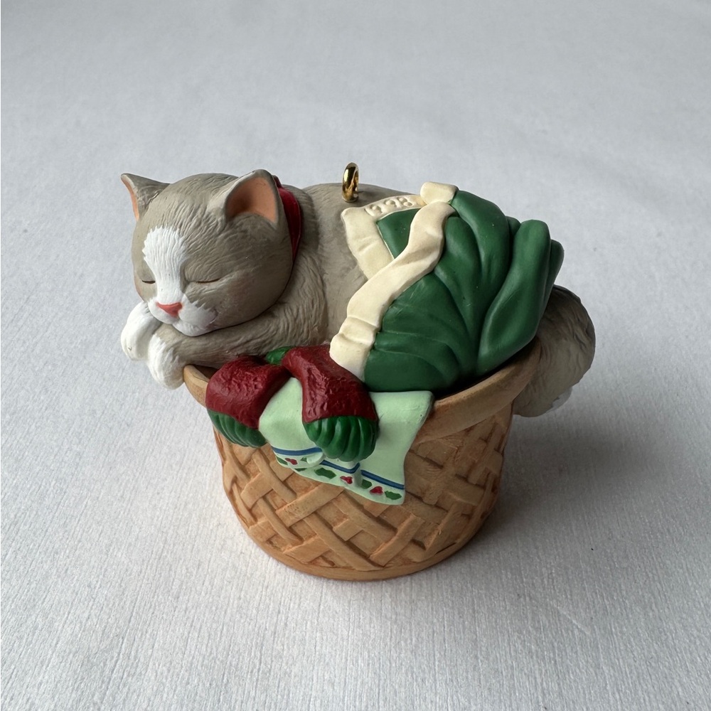 1998 Cat Naps Hallmark Collector Christmas Ornament Grey Kitten Laundry Basket